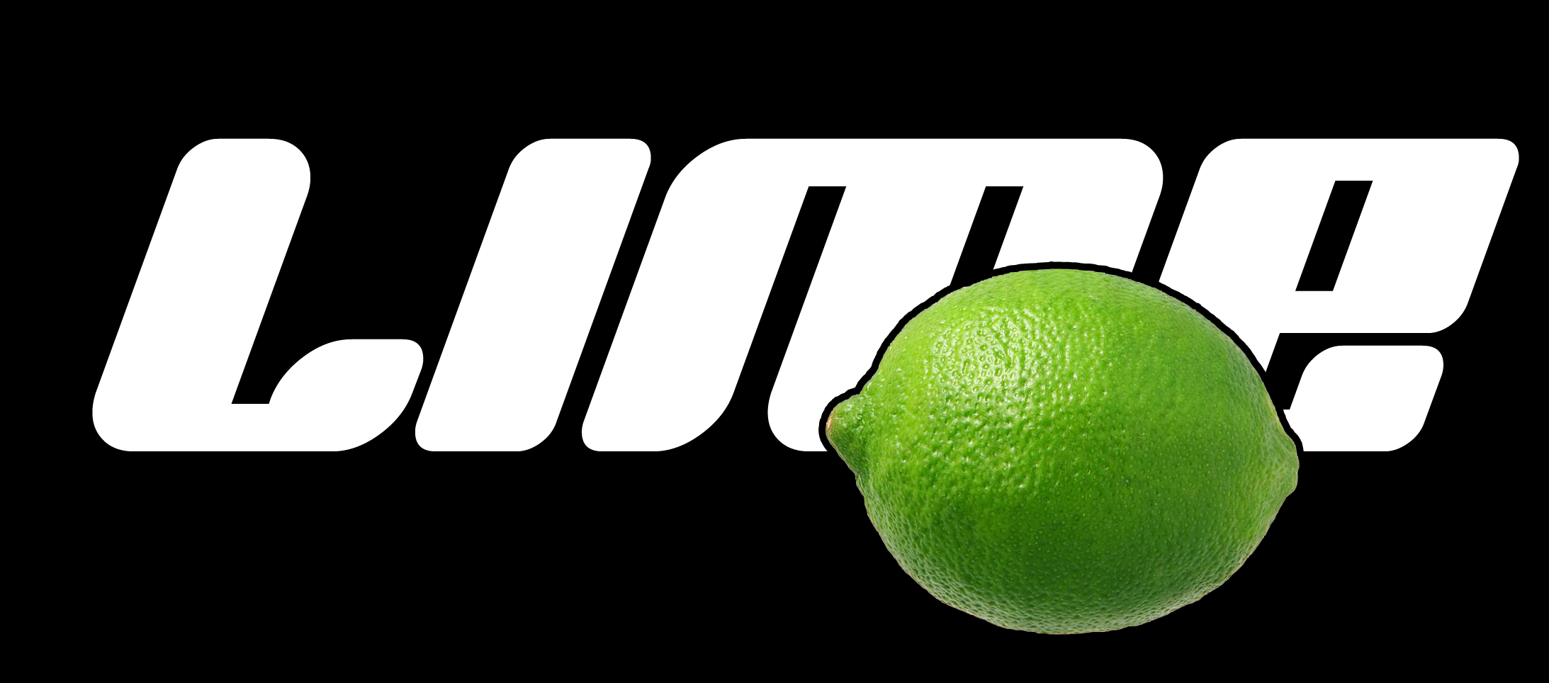 Logoen til LIME, der ordet 'LIME' er skrevet i hvite bokstaver på svart bakgrunn, mens en grønn limefrukt er plassert i nedre høyre hjørne. Logo.